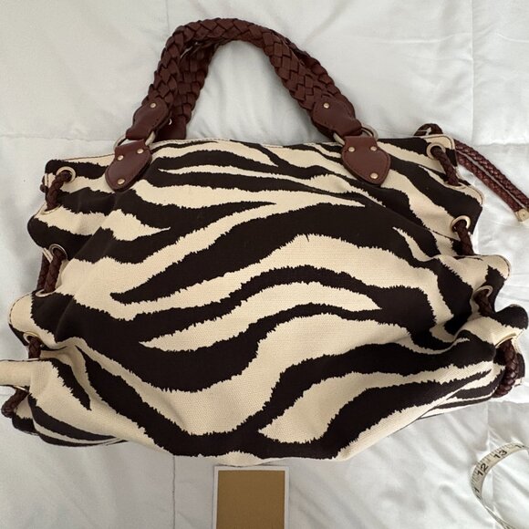 Michael Kors Cream Brown Zebra Canvas Purse Brown Leather Braided Handle New - Picture 7 of 10